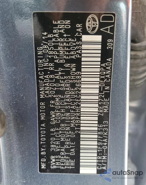 2014 Toyota Corolla Eco from USA, damaged, VIN 2T1BPRHE2EC226689